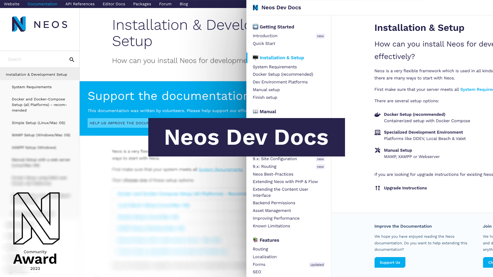 Text 'Neos Community Award' über Screenshots vom Redesign, im unteren linken Ecken ist das Neos Logo mit dem Text 'Community Award 2023'